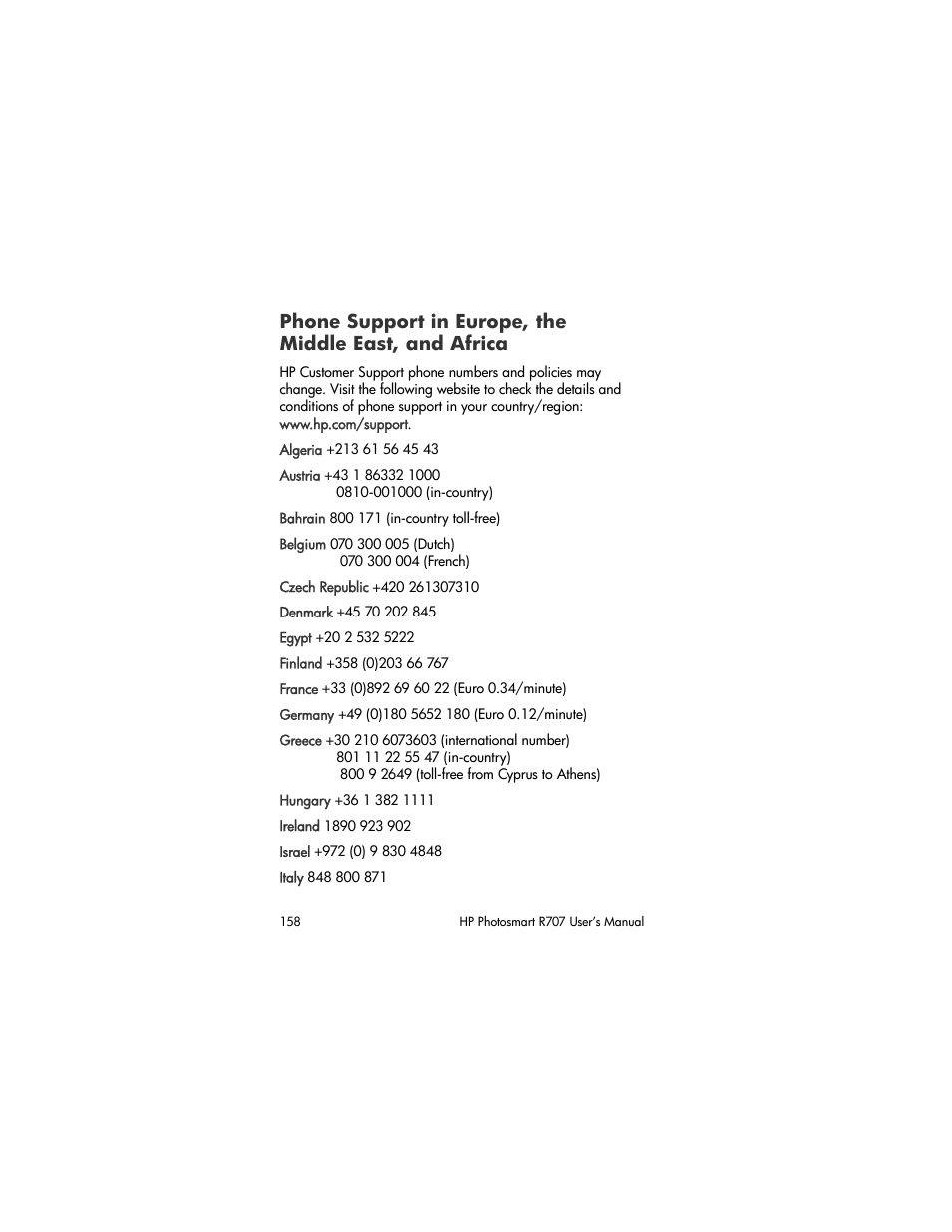 Phone support in europe, the, Middle east, and africa | HP R707 User Manual | Page 158 / 191