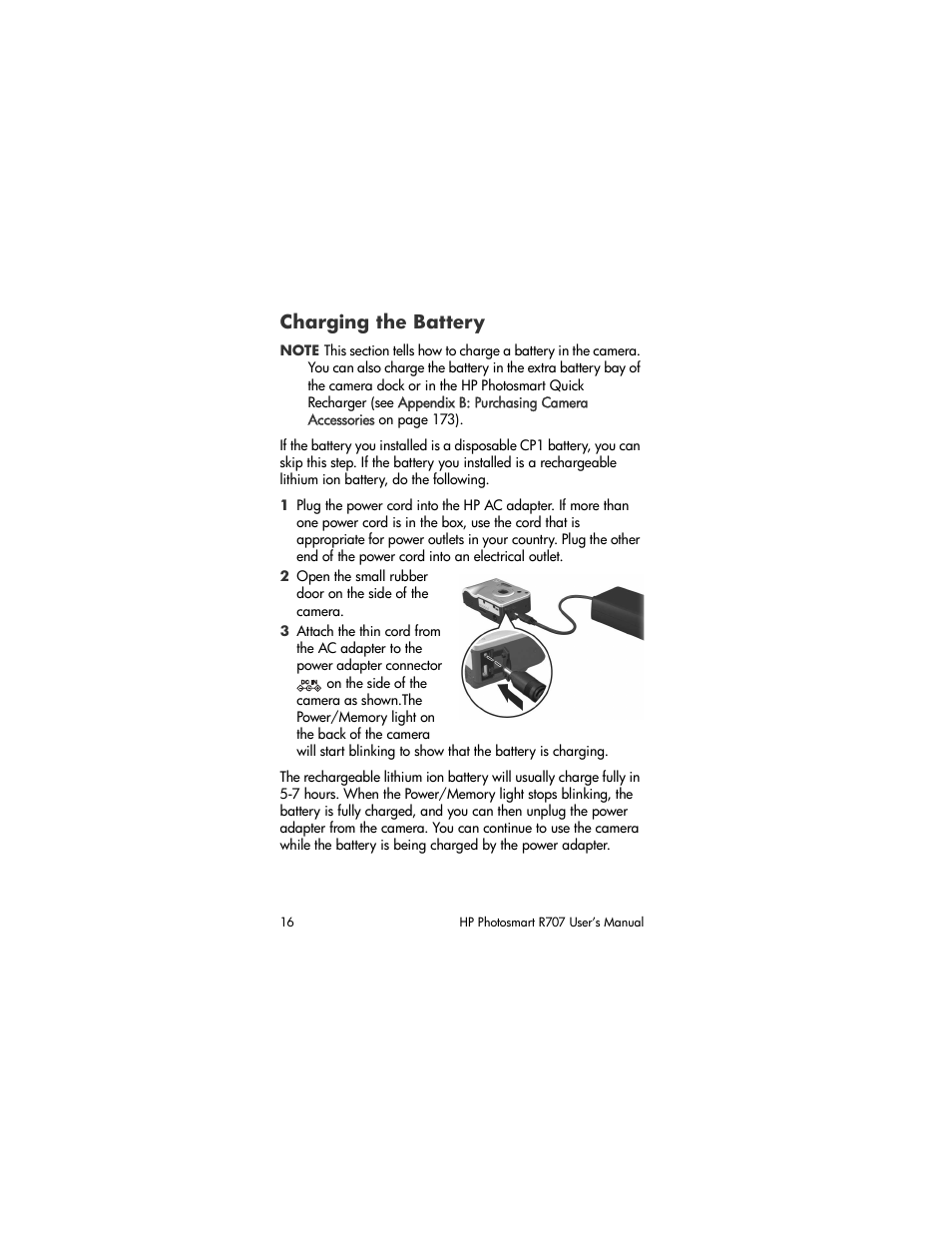 Charging the battery | HP R707 User Manual | Page 16 / 191