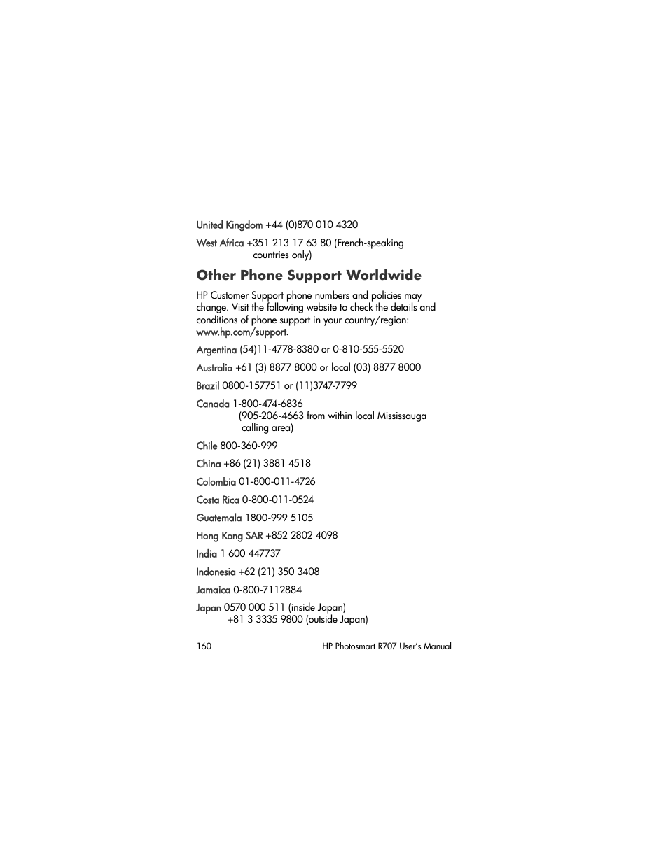 Other phone support worldwide | HP R707 User Manual | Page 160 / 191