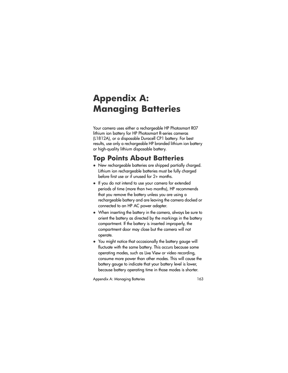 Appendix a: managing batteries, Top points about batteries, Appendix a: managing | Batteries | HP R707 User Manual | Page 163 / 191