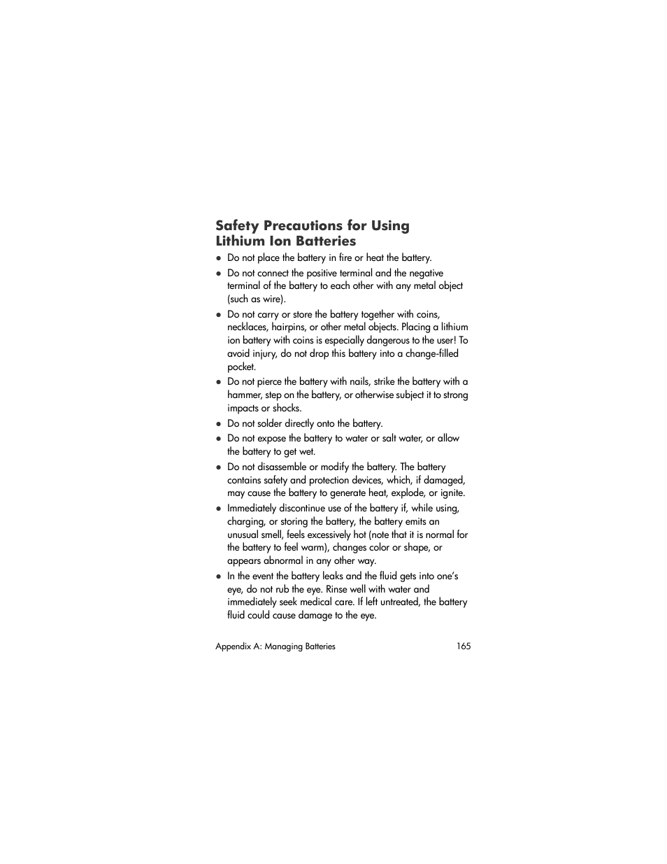 Safety precautions for using lithium ion batteries, Safety precautions for using, Lithium ion batteries | HP R707 User Manual | Page 165 / 191