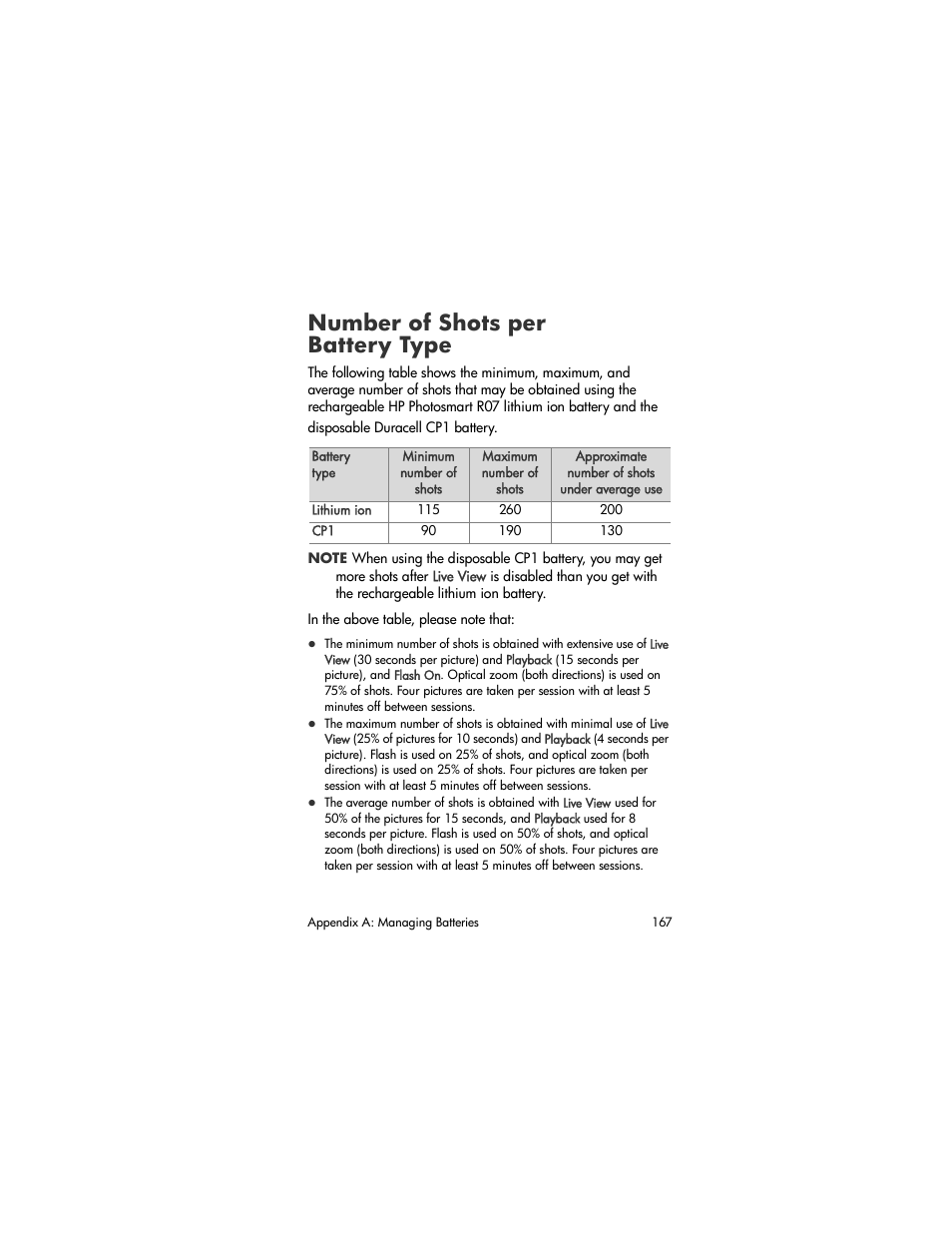 Number of shots per battery type, Number of shots per, Battery type | HP R707 User Manual | Page 167 / 191