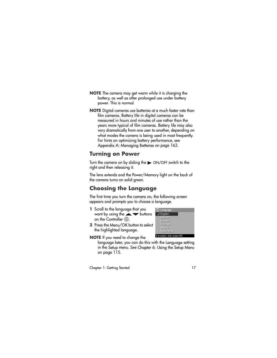 Turning on power, Choosing the language | HP R707 User Manual | Page 17 / 191