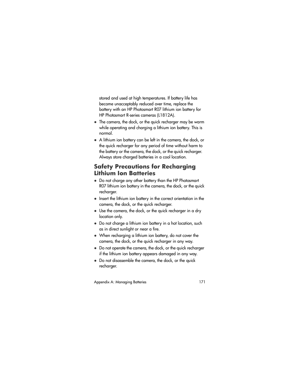 Safety precautions for recharging, Lithium ion batteries | HP R707 User Manual | Page 171 / 191