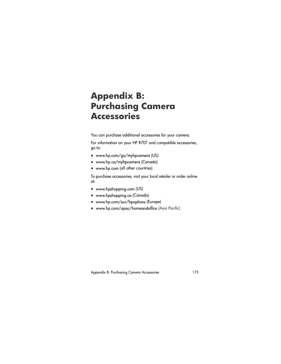 Appendix b: purchasing camera accessories, Appendix b: purchasing camera, Accessories | Appendix b, Purchasing camera accessories, Appendix b: purchasing, Camera accessories, Purchasing camera | HP R707 User Manual | Page 173 / 191