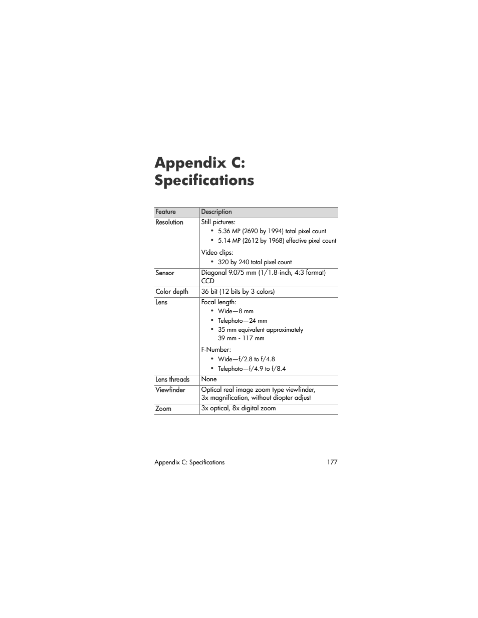 Appendix c: specifications | HP R707 User Manual | Page 177 / 191