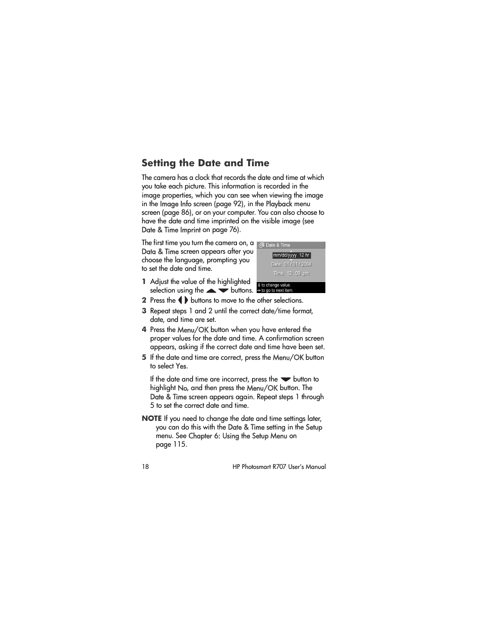 Setting the date and time | HP R707 User Manual | Page 18 / 191