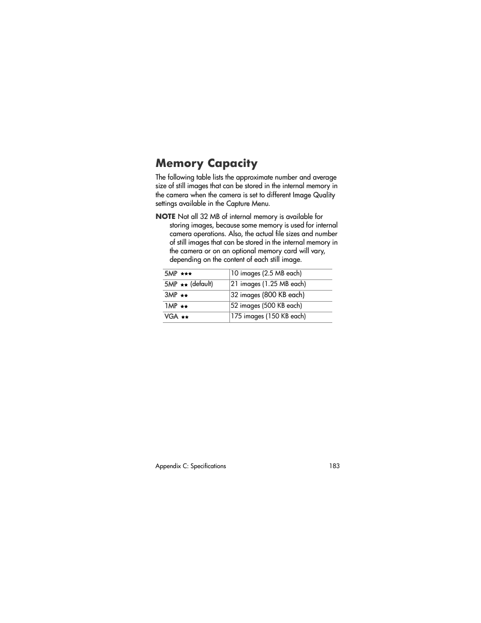 Memory capacity | HP R707 User Manual | Page 183 / 191