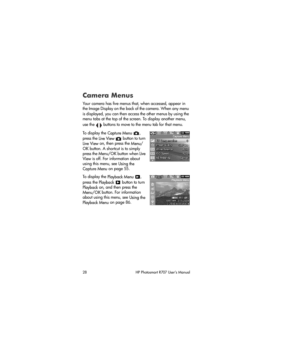 Camera menus | HP R707 User Manual | Page 28 / 191