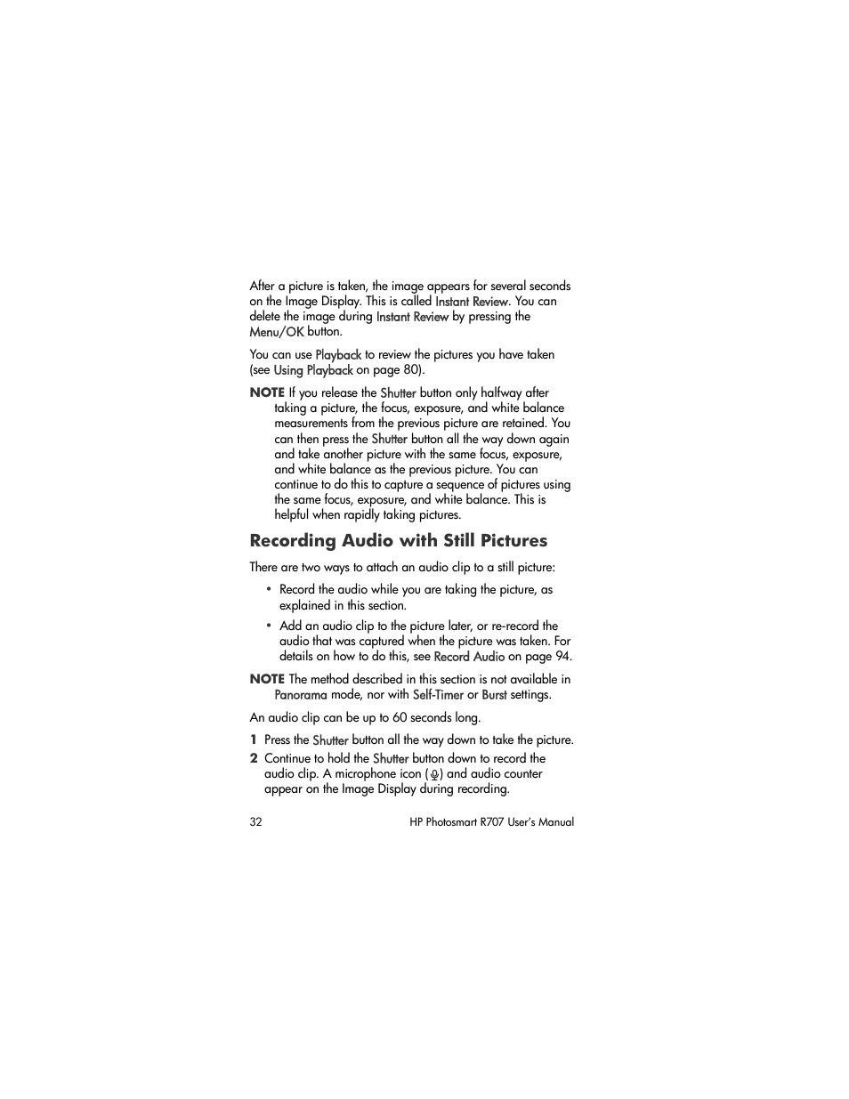 Recording audio with still pictures | HP R707 User Manual | Page 32 / 191