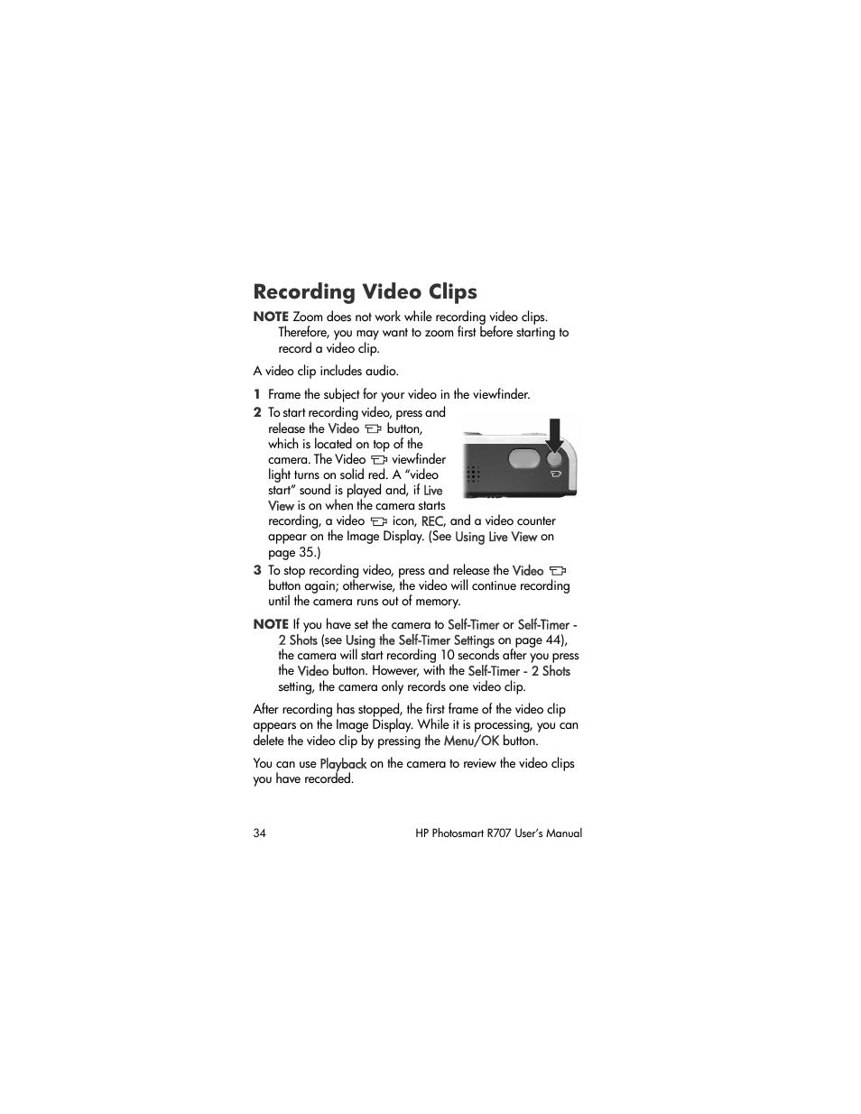 Recording video clips | HP R707 User Manual | Page 34 / 191