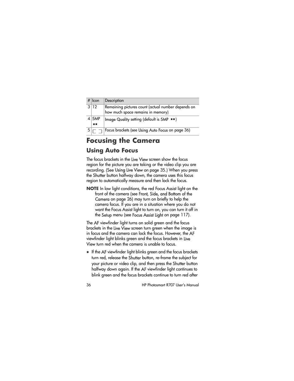 Focusing the camera, Using auto focus | HP R707 User Manual | Page 36 / 191