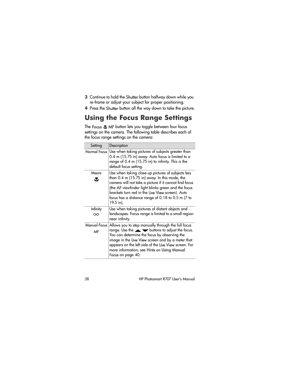Using the focus range settings | HP R707 User Manual | Page 38 / 191
