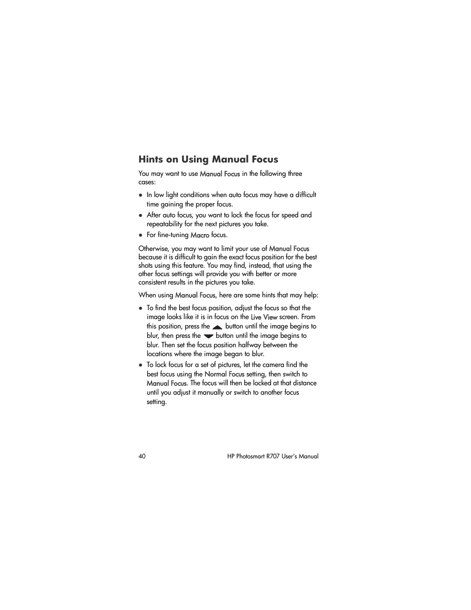 Hints on using manual focus, Hints on using manual, Focus | HP R707 User Manual | Page 40 / 191