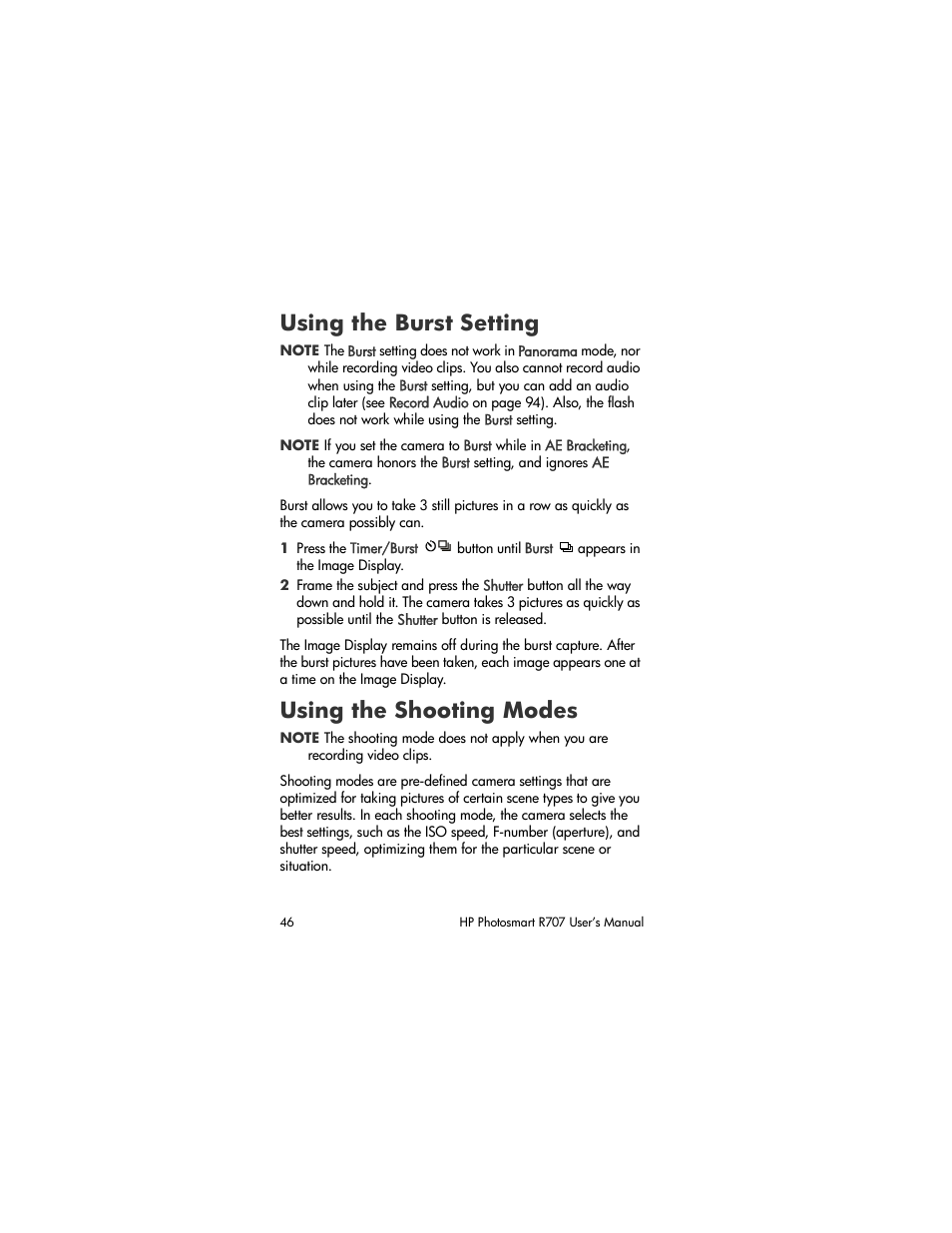 Using the burst setting, Using the shooting modes | HP R707 User Manual | Page 46 / 191