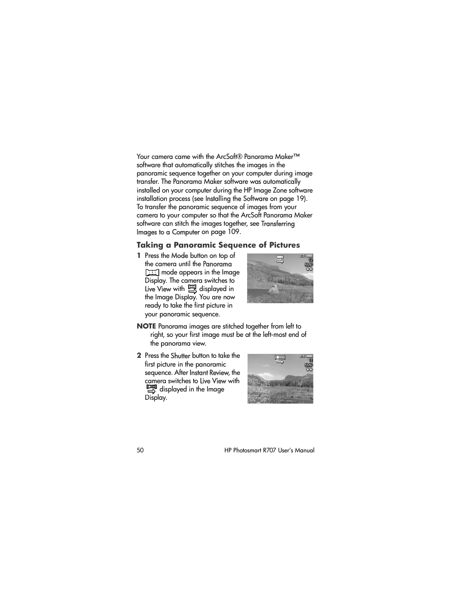 Taking a panoramic sequence of pictures | HP R707 User Manual | Page 50 / 191