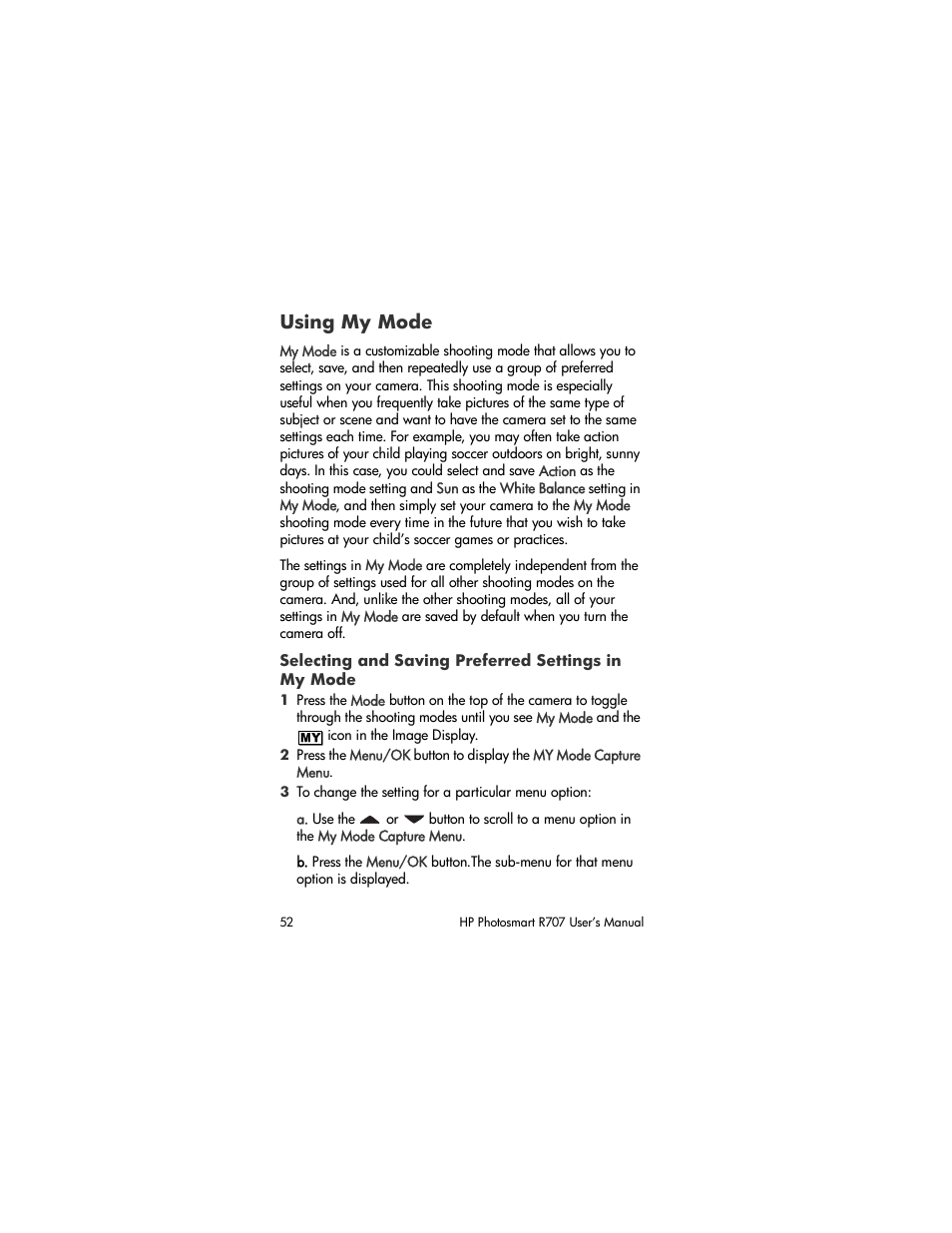 Using my mode, Selecting and saving preferred settings in my mode, Selecting and saving preferred settings in | My mode, Using my, Mode | HP R707 User Manual | Page 52 / 191
