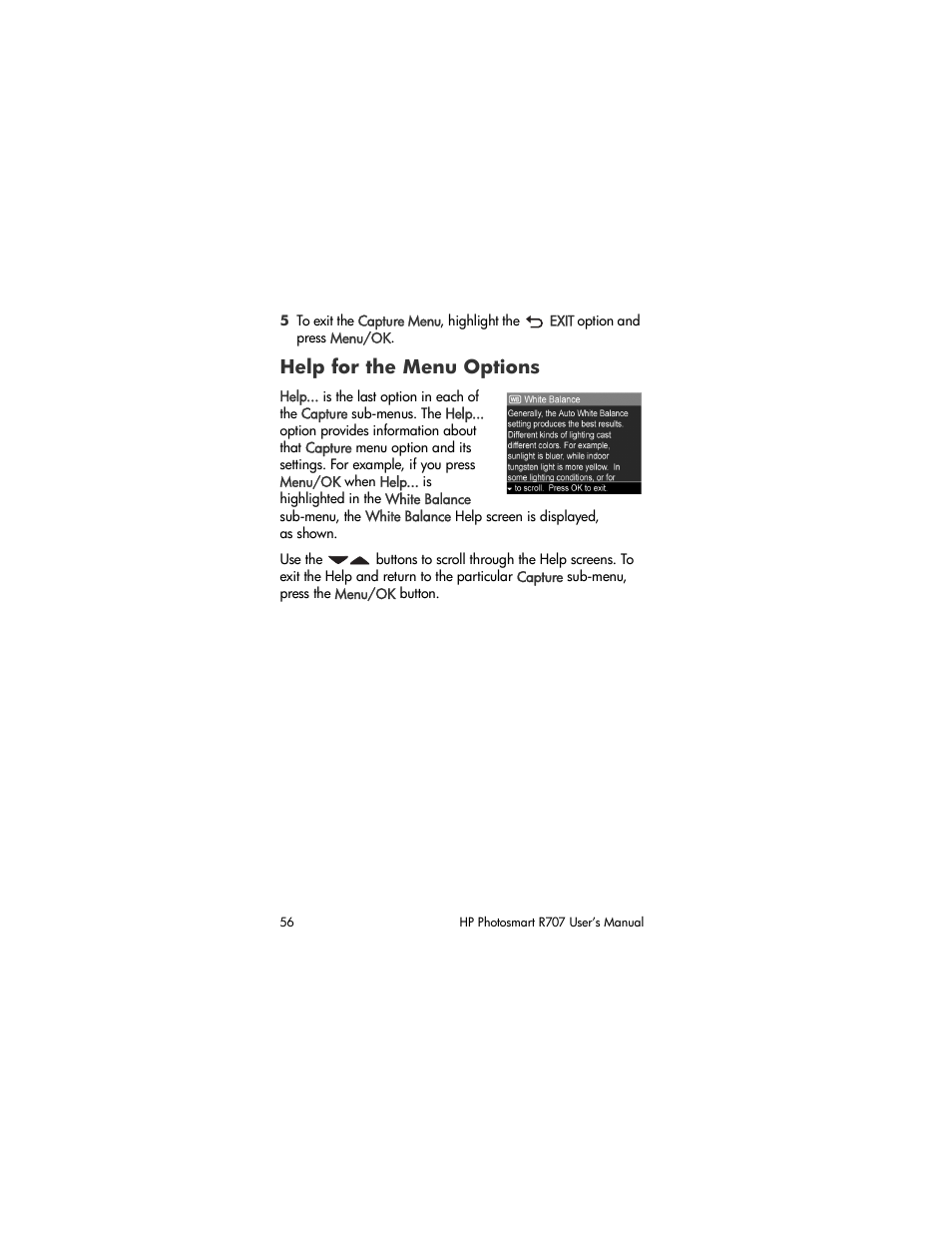 Help for the menu options | HP R707 User Manual | Page 56 / 191