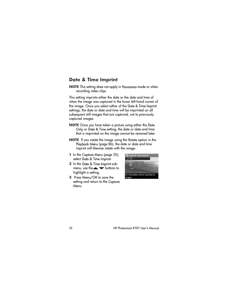 Date & time imprint | HP R707 User Manual | Page 76 / 191