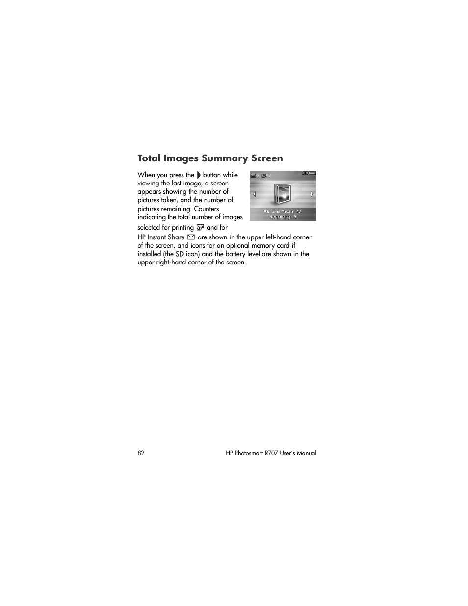 Total images summary screen | HP R707 User Manual | Page 82 / 191