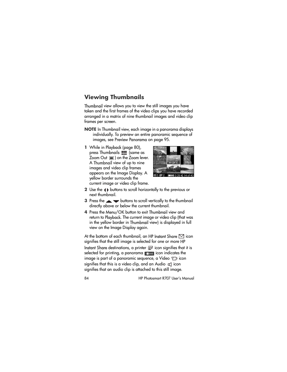 Viewing thumbnails | HP R707 User Manual | Page 84 / 191