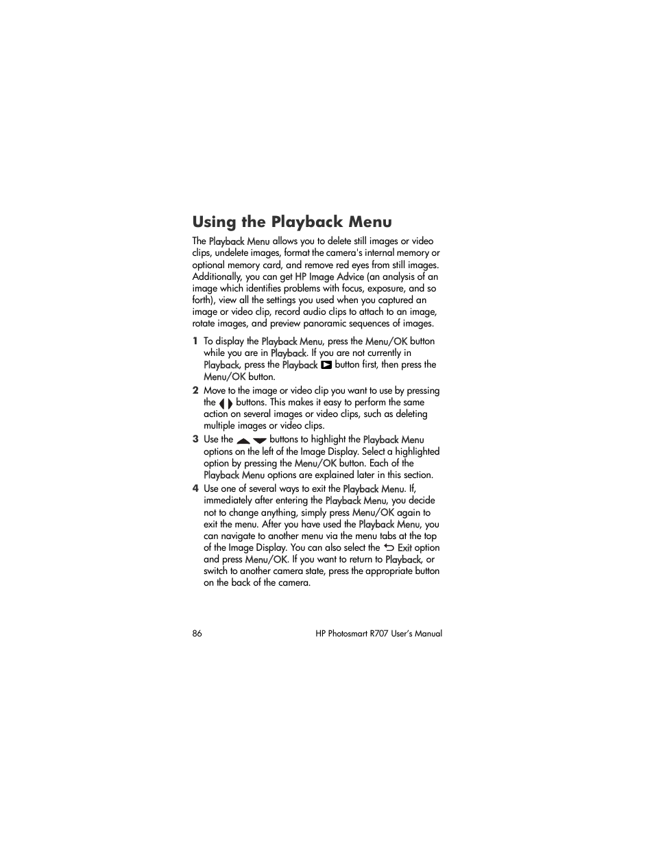 Using the playback menu, Using the, Playback menu | Using, The playback menu | HP R707 User Manual | Page 86 / 191