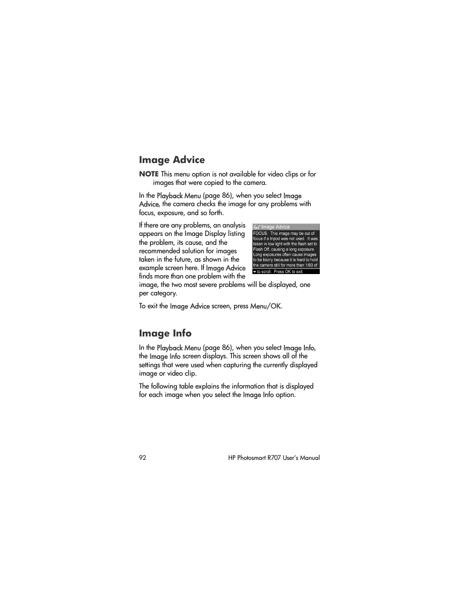 Image advice, Image info | HP R707 User Manual | Page 92 / 191