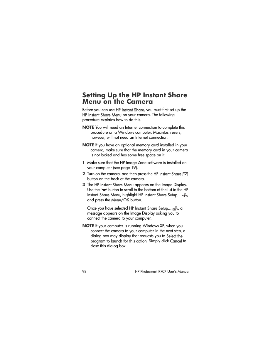 Setting up the hp instant share menu on the camera, Setting up the hp, Instant share menu on the camera | HP R707 User Manual | Page 98 / 191