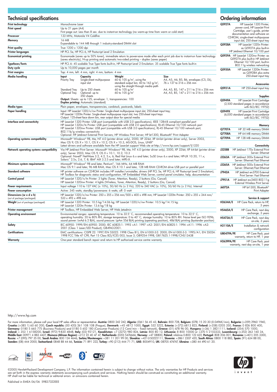 Technical specifications, Ordering information | HP LaserJet 1320 User Manual | Page 2 / 2