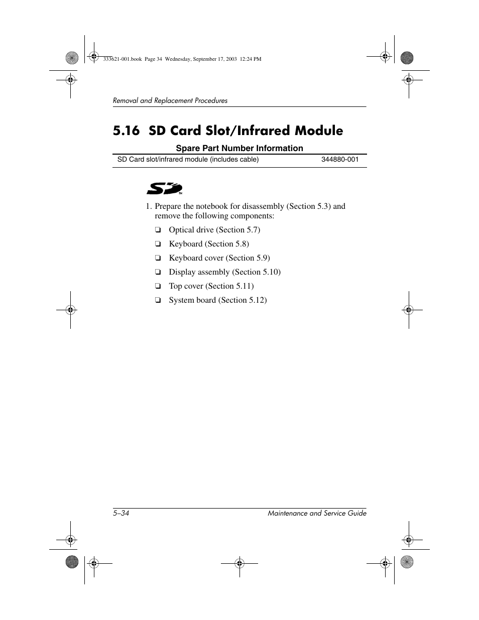 16 sd card slot/infrared module, 16 sd card slot/infrared module –34 | HP PAVILLION ZD7000 User Manual | Page 106 / 155
