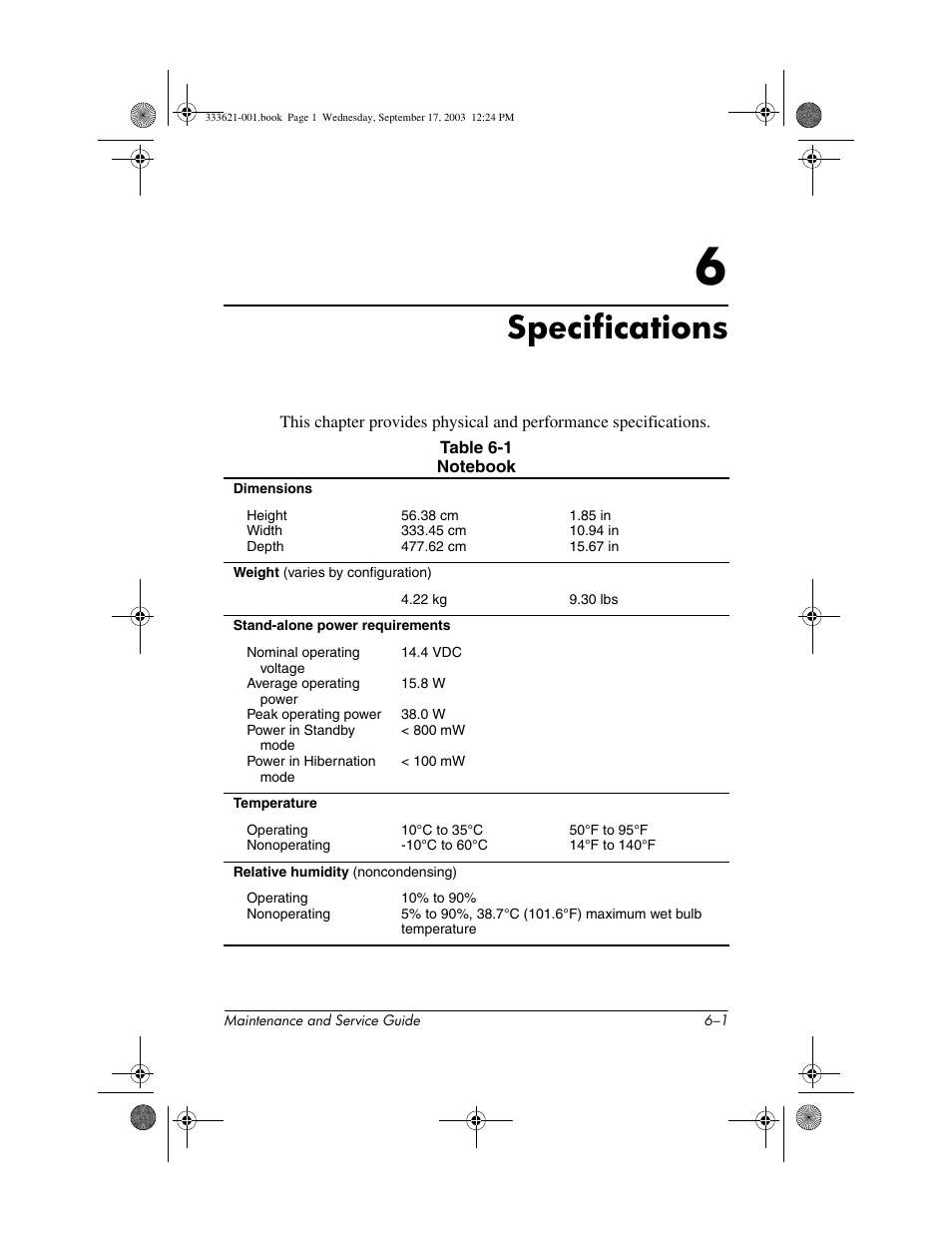 Specifications, 6 specifications | HP PAVILLION ZD7000 User Manual | Page 110 / 155