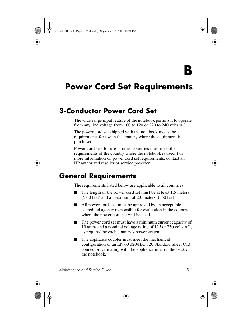 Power cord set requirements, Conductor power cord set, General requirements | B power cord set requirements | HP PAVILLION ZD7000 User Manual | Page 131 / 155