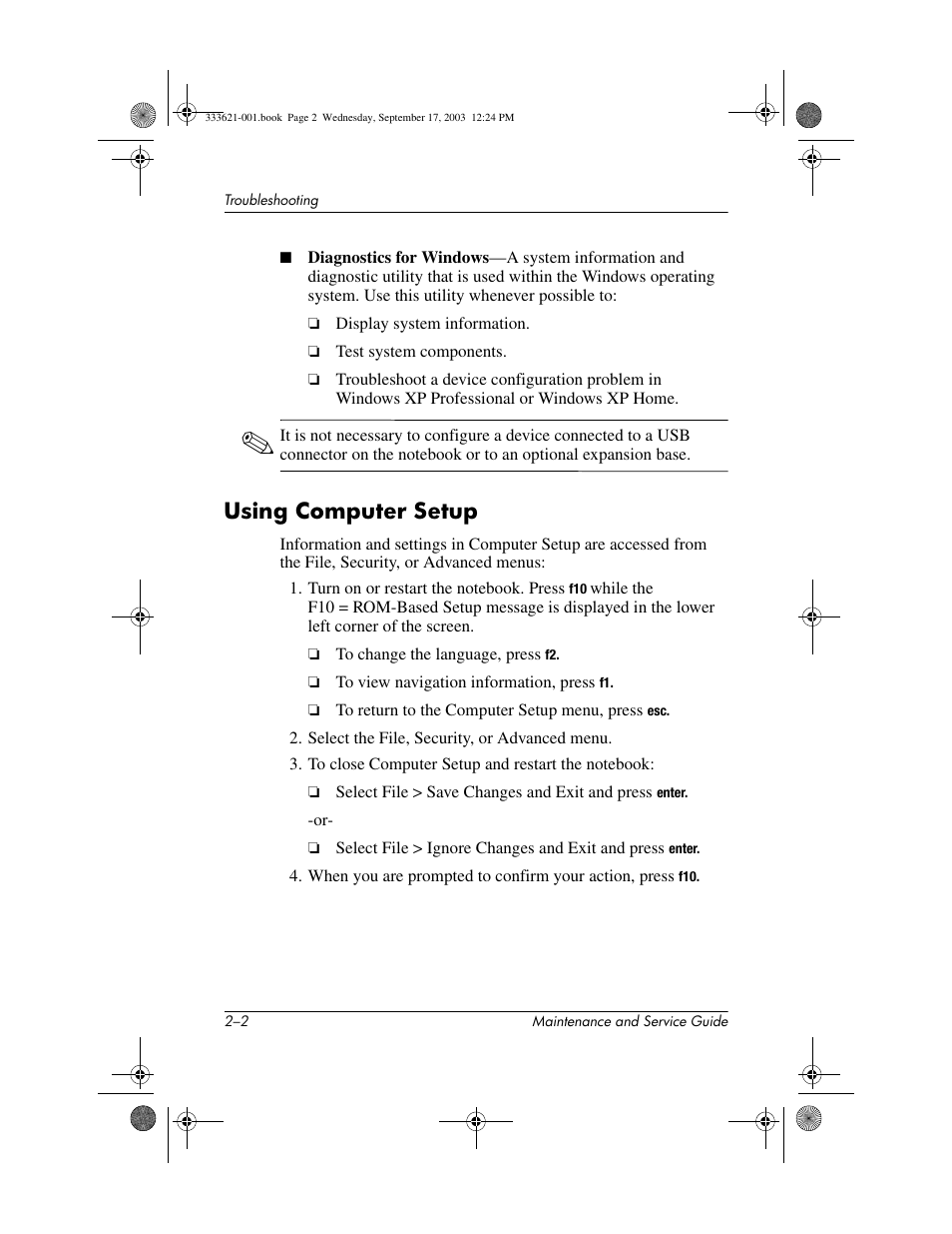 Using computer setup, Using computer setup –2 | HP PAVILLION ZD7000 User Manual | Page 26 / 155