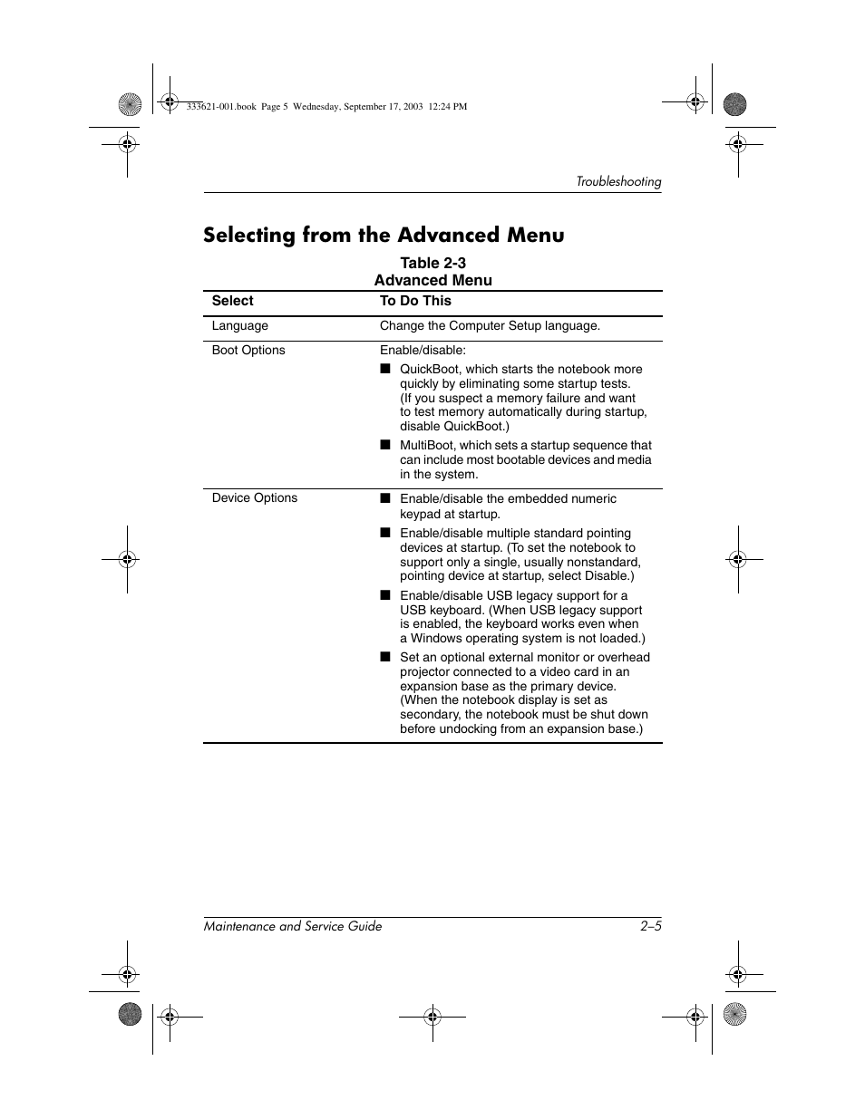 Selecting from the advanced menu, Selecting from the advanced menu –5 | HP PAVILLION ZD7000 User Manual | Page 29 / 155