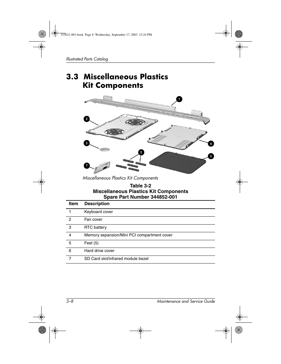 3 miscellaneous plastics kit components, 3 miscellaneous plastics kit components –8 | HP PAVILLION ZD7000 User Manual | Page 62 / 155