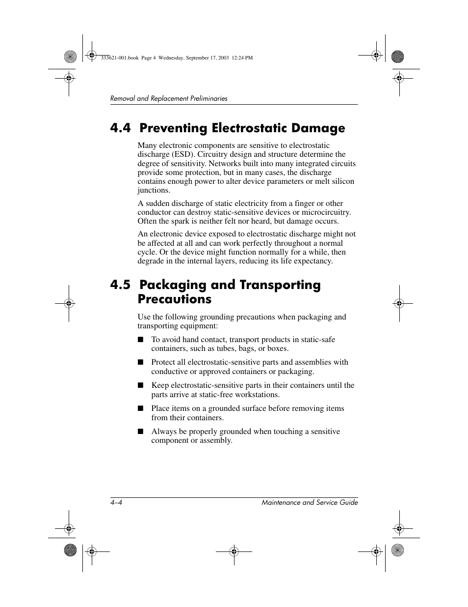 4 preventing electrostatic damage, 5 packaging and transporting precautions | HP PAVILLION ZD7000 User Manual | Page 69 / 155