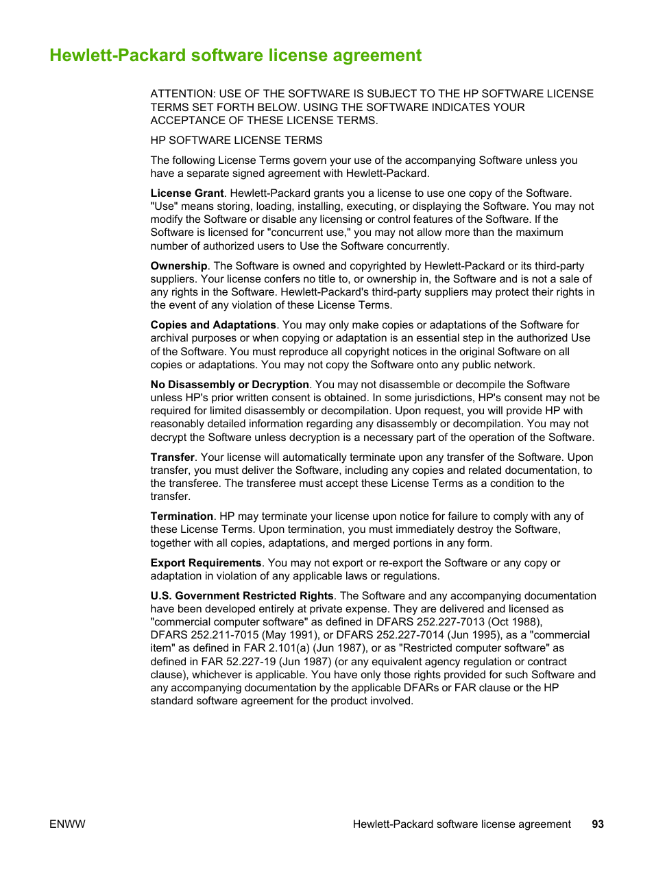 Hewlett-packard software license agreement | HP 1018 User Manual | Page 101 / 116
