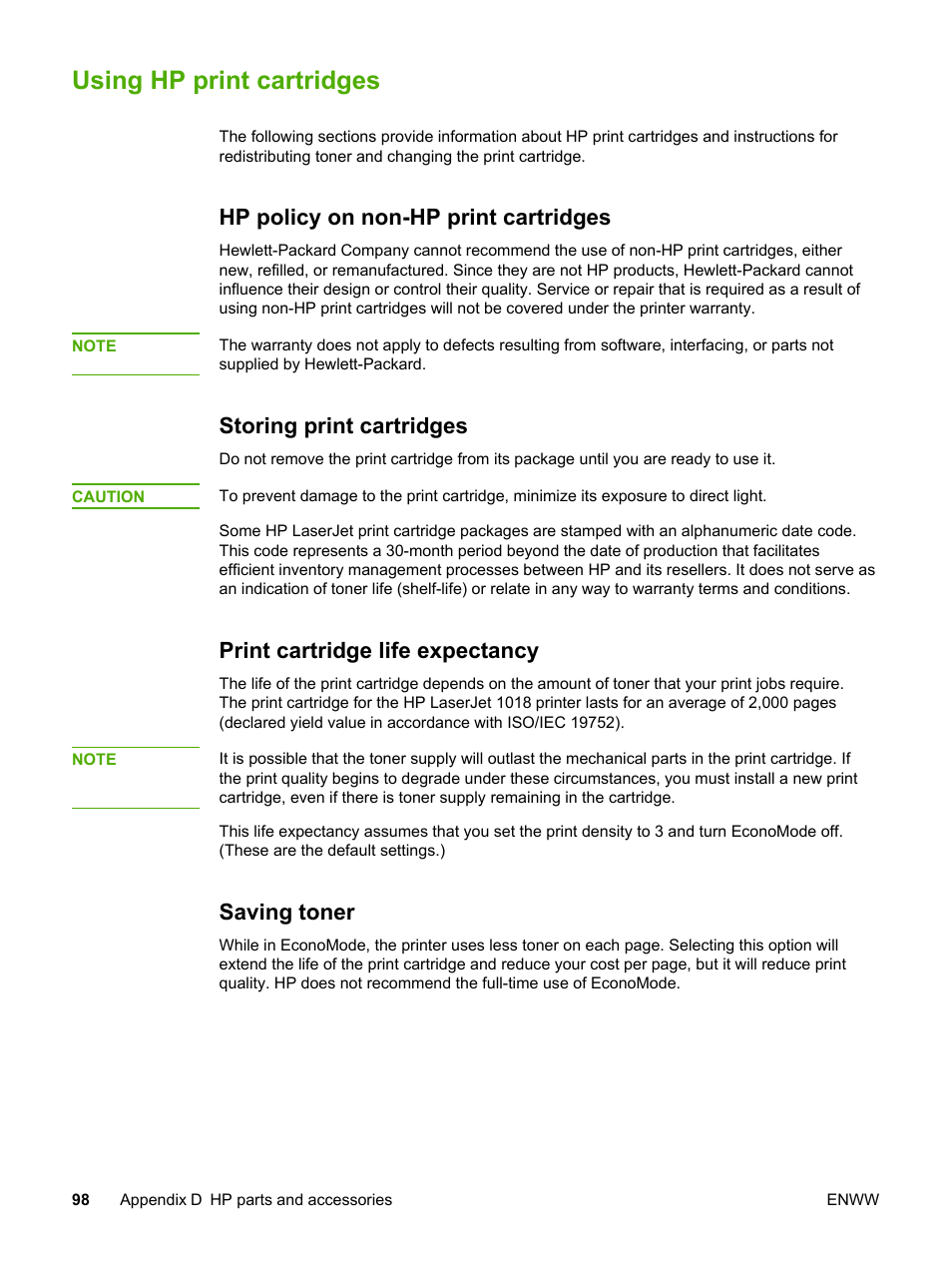 Using hp print cartridges, Hp policy on non-hp print cartridges, Storing print cartridges | Print cartridge life expectancy, Saving toner | HP 1018 User Manual | Page 106 / 116