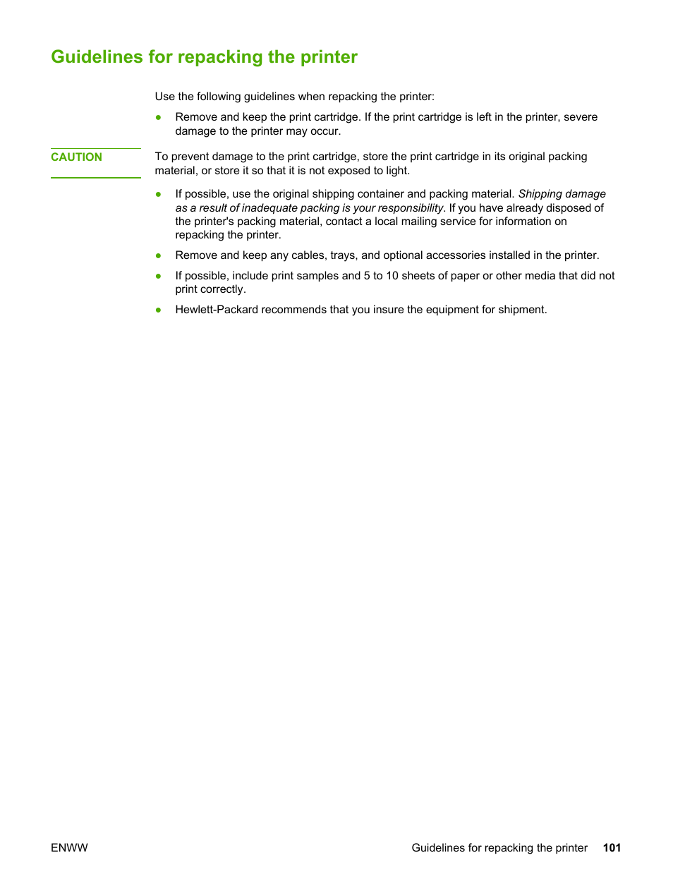 Guidelines for repacking the printer | HP 1018 User Manual | Page 109 / 116