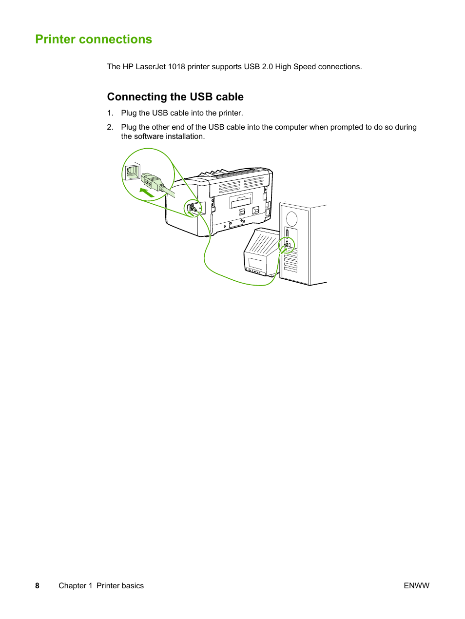 Printer connections, Connecting the usb cable | HP 1018 User Manual | Page 16 / 116