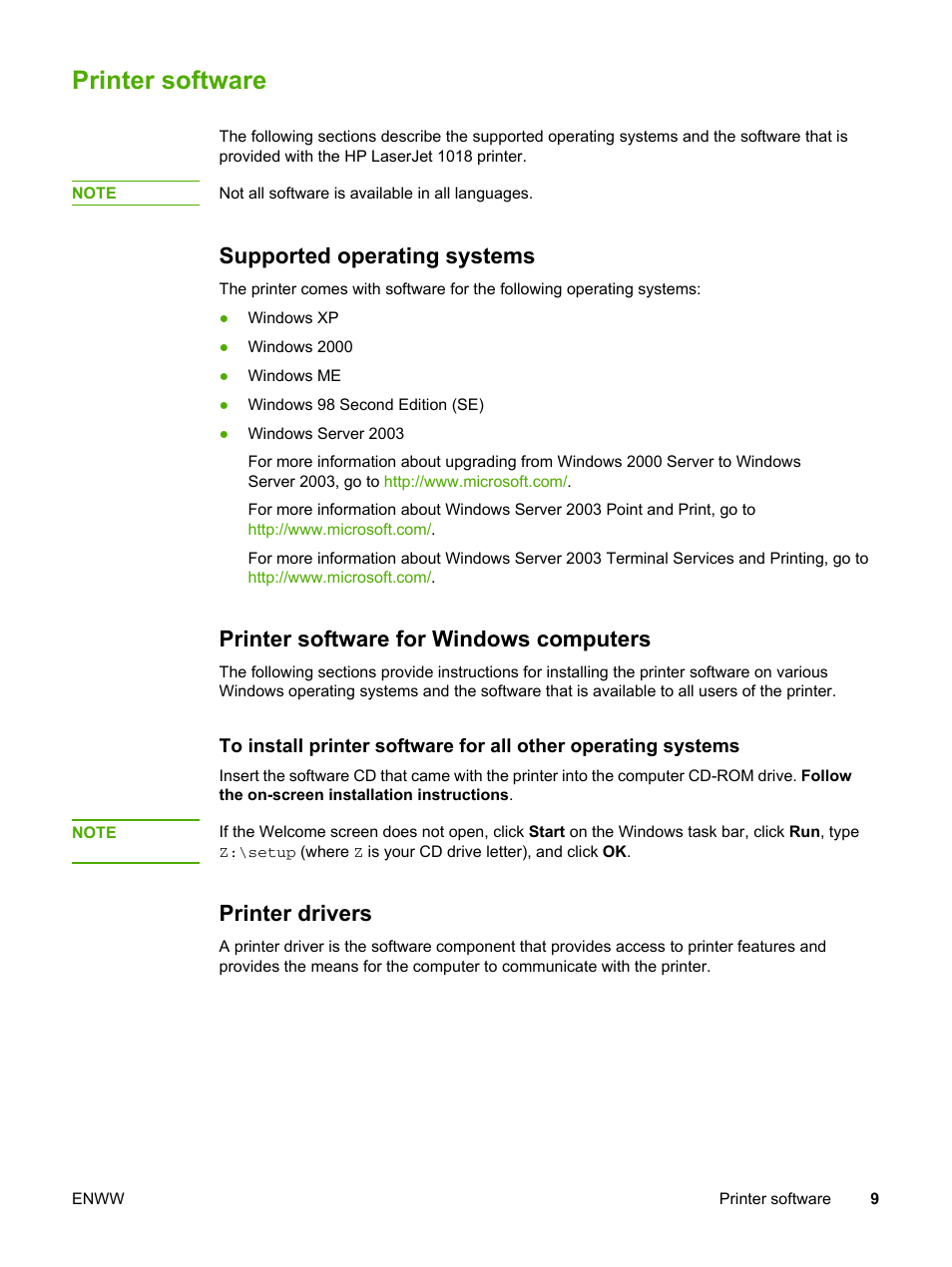 Printer software, Supported operating systems, Printer software for windows computers | Printer drivers | HP 1018 User Manual | Page 17 / 116