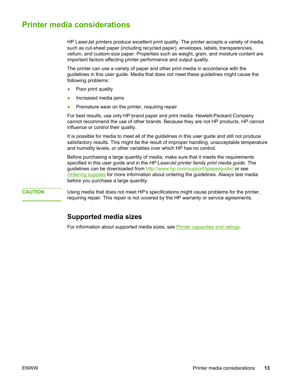 Printer media considerations, Supported media sizes | HP 1018 User Manual | Page 21 / 116