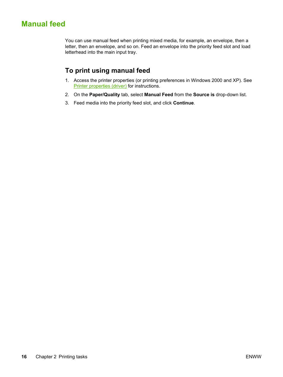 Manual feed, To print using manual feed | HP 1018 User Manual | Page 24 / 116