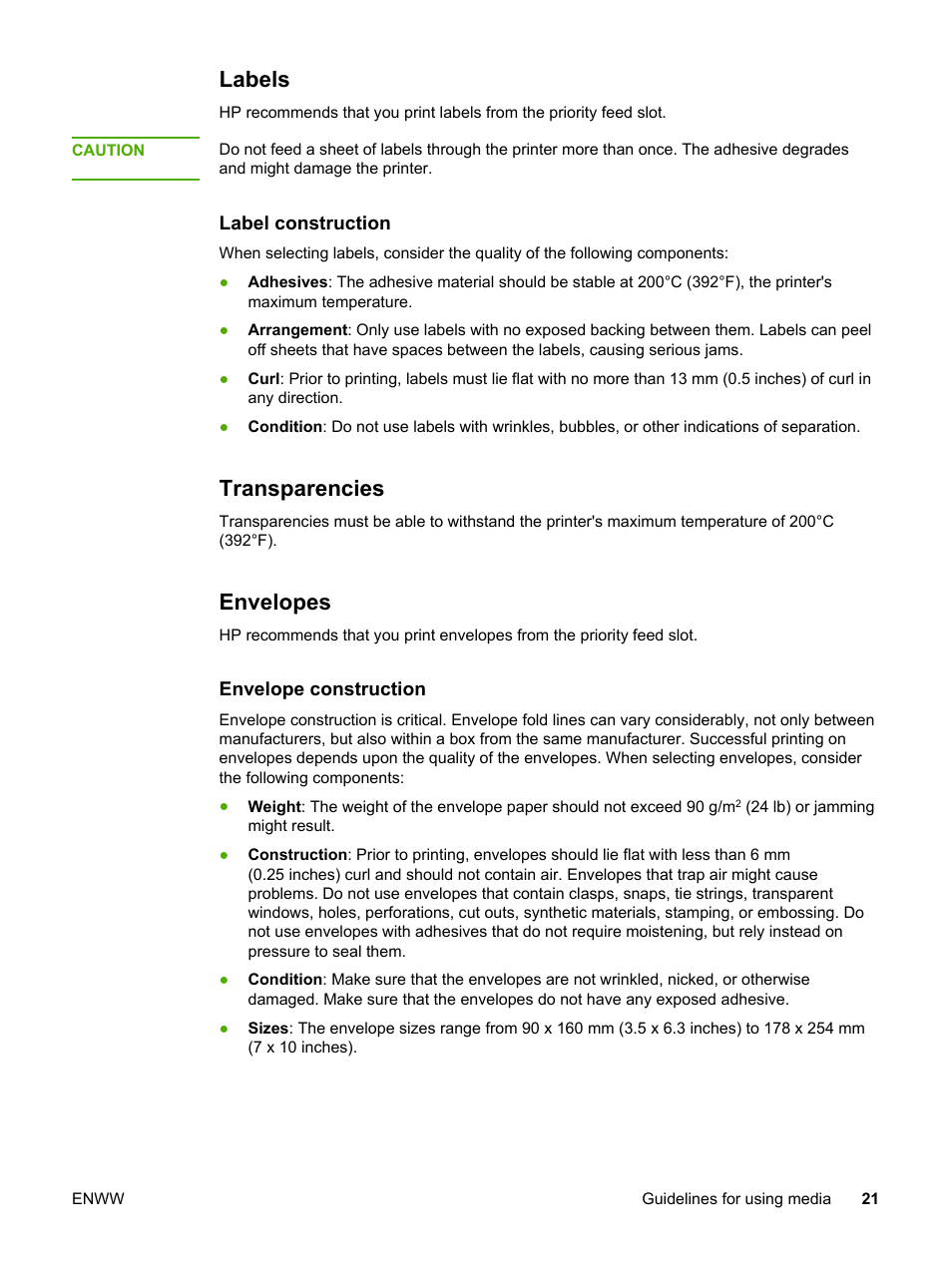 Labels, Transparencies, Envelopes | Labels transparencies envelopes | HP 1018 User Manual | Page 29 / 116