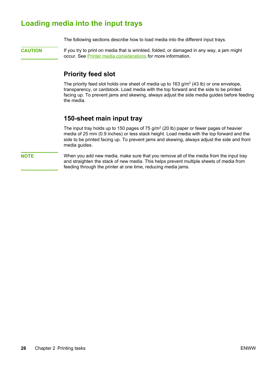 Loading media into the input trays, Priority feed slot, Sheet main input tray | Priority feed slot 150-sheet main input tray | HP 1018 User Manual | Page 34 / 116