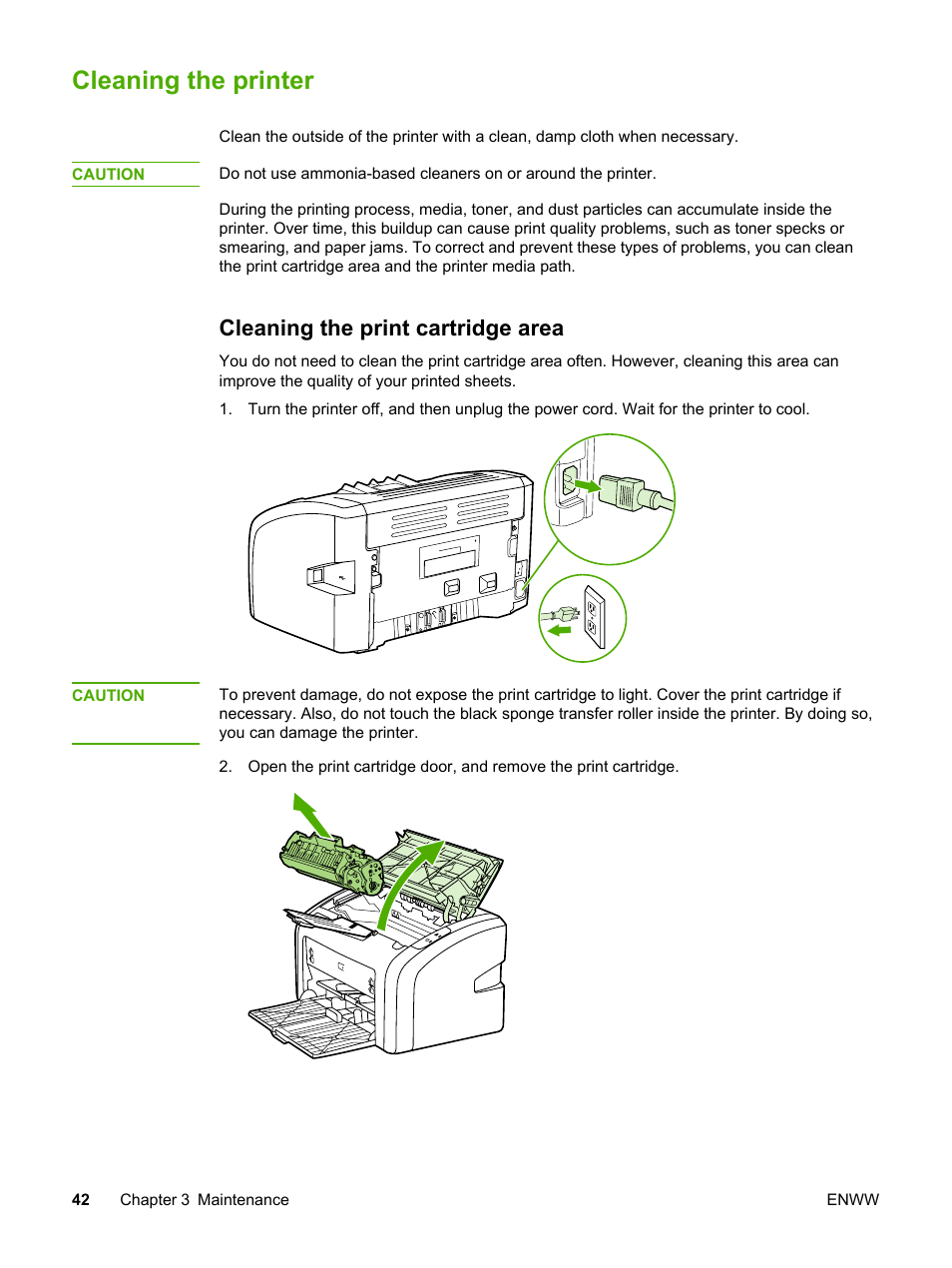 Cleaning the printer, Cleaning the print cartridge area | HP 1018 User Manual | Page 50 / 116
