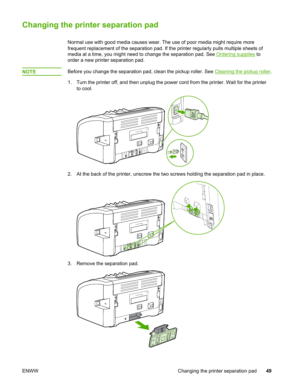 Changing the printer separation pad | HP 1018 User Manual | Page 57 / 116
