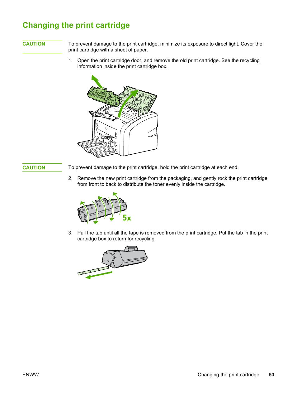 Changing the print cartridge | HP 1018 User Manual | Page 61 / 116