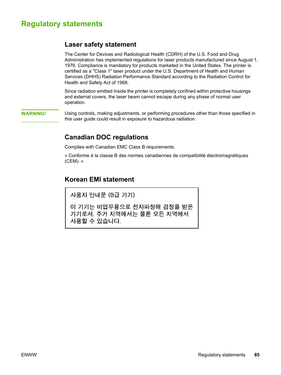 Regulatory statements, Laser safety statement, Canadian doc regulations | Korean emi statement | HP 1018 User Manual | Page 93 / 116