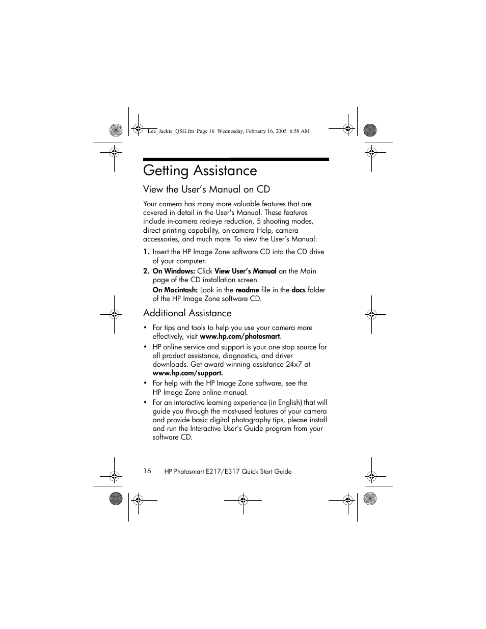 Getting assistance, View the user’s manual on cd, Additional assistance | HP E317 User Manual | Page 16 / 16